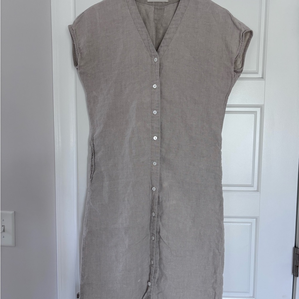 Linen Button-Down Sleeveless Midi Dress in Taupe